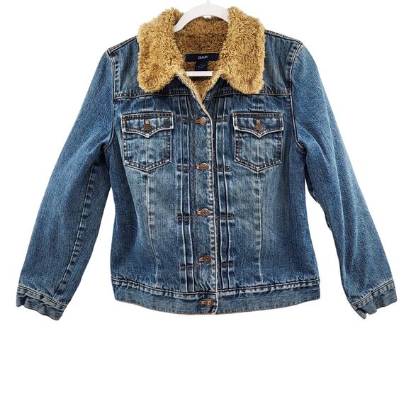 GAP Blue Jean Brown Faux Fur Lined Collared Trucker Jacket Women's Size M - Picture 1 of 10